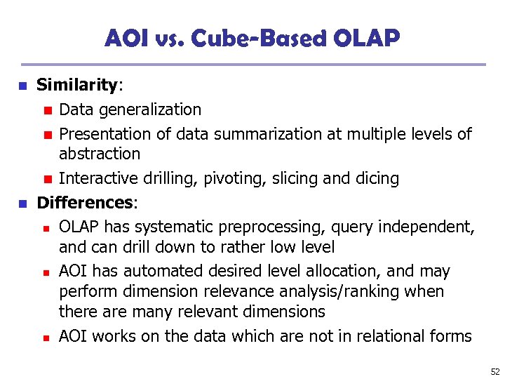 AOI vs. Cube-Based OLAP Similarity: n Data generalization n Presentation of data summarization at