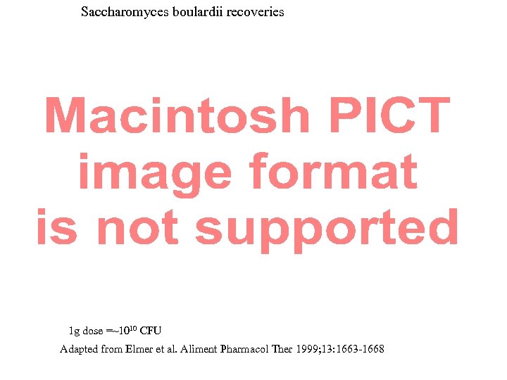 Saccharomyces boulardii recoveries 1 g dose =~1010 CFU Adapted from Elmer et al. Aliment