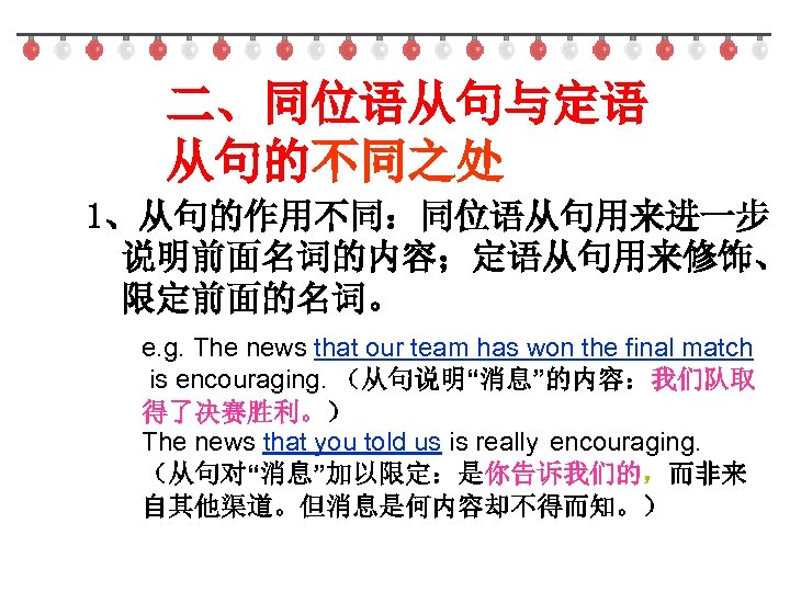 二、同位语从句与定语 从句的不同之处 1、从句的作用不同：同位语从句用来进一步 说明前面名词的内容；定语从句用来修饰、 限定前面的名词。 e. g. The news that our team has won