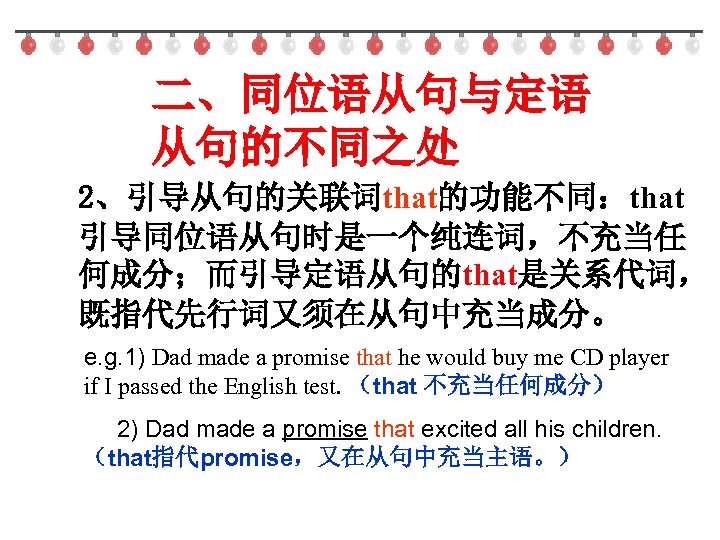 二、同位语从句与定语 从句的不同之处 2、引导从句的关联词that的功能不同：that 引导同位语从句时是一个纯连词，不充当任 何成分；而引导定语从句的that是关系代词， 既指代先行词又须在从句中充当成分。 e. g. 1) Dad made a promise that