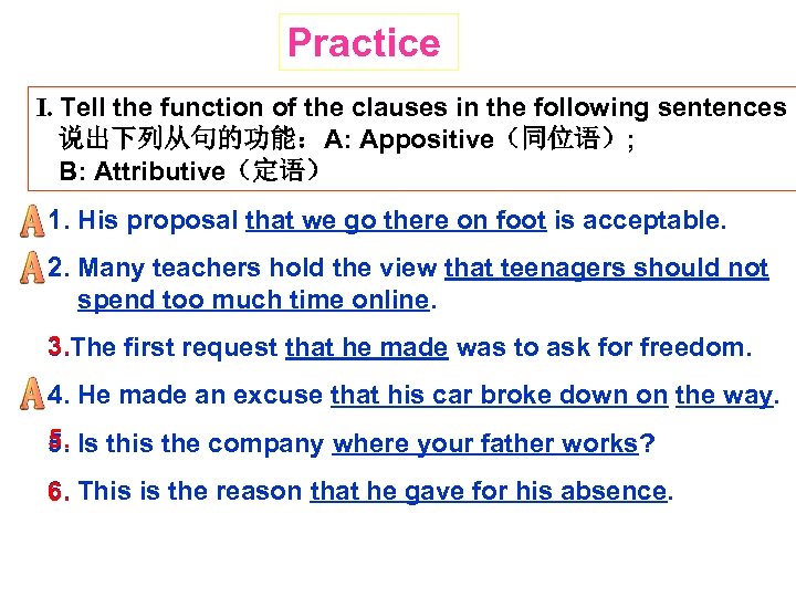 Practice I. Tell the function of the clauses in the following sentences 说出下列从句的功能：A: Appositive（同位语）;