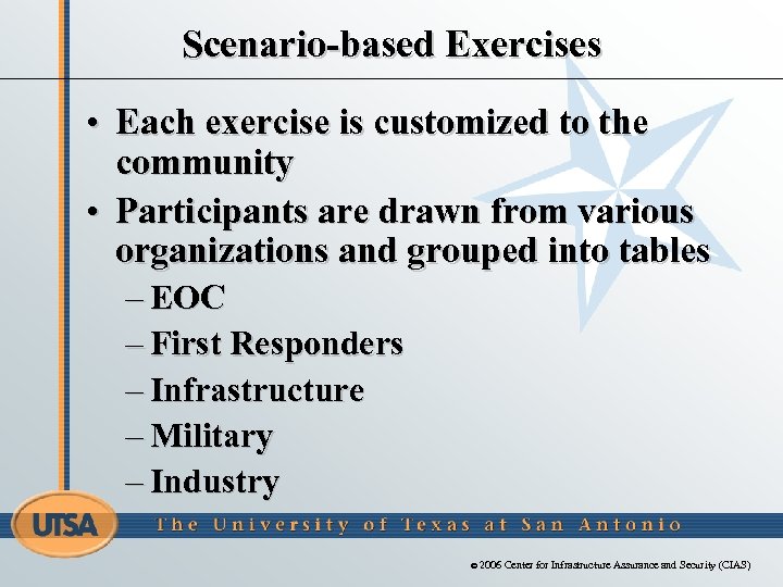 Scenario-based Exercises • Each exercise is customized to the community • Participants are drawn