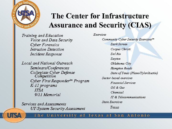 The Center for Infrastructure Assurance and Security (CIAS) Training and Education Voice and Data