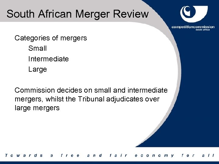 South African Merger Review Categories of mergers Small Intermediate Large Commission decides on small