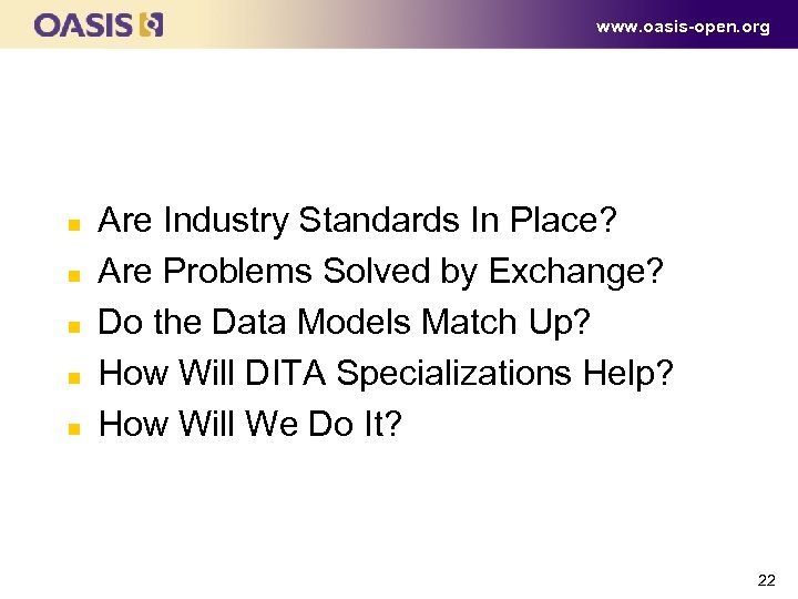 www. oasis-open. org Outline n n n Are Industry Standards In Place? Are Problems