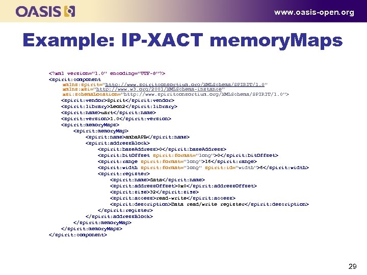 www. oasis-open. org Example: IP-XACT memory. Maps <? xml version="1. 0" encoding="UTF-8"? > <spirit: