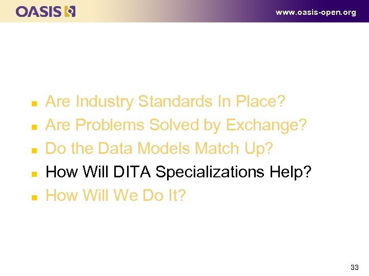 www. oasis-open. org Outline n n n Are Industry Standards In Place? Are Problems