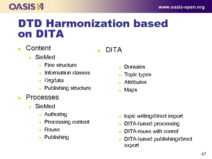 www. oasis-open. org DTD Harmonization based on DITA n Content l DITA Sie. Med
