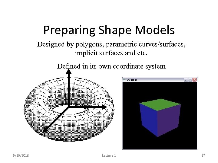 Preparing Shape Models Designed by polygons, parametric curves/surfaces, implicit surfaces and etc. Defined in