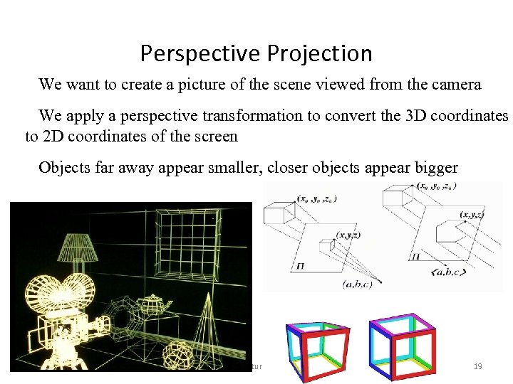 Perspective Projection We want to create a picture of the scene viewed from the