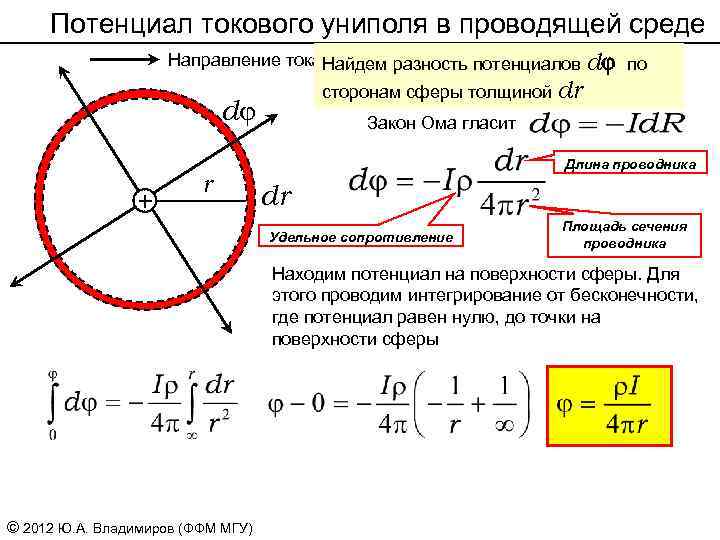 Потенциал токового униполя в проводящей среде Направление тока. Найдем разность потенциалов dj по сторонам