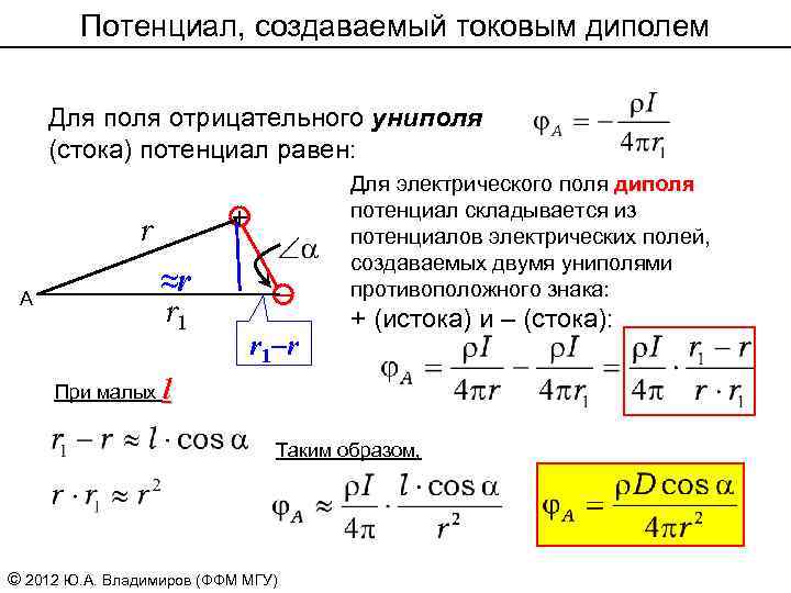 Потенциал, создаваемый токовым диполем Для поля отрицательного униполя (стока) потенциал равен: + r A