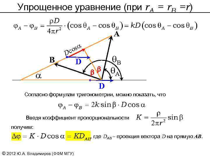 Упрощенное уравнение (при r. A = r. B =r) A B cos D a