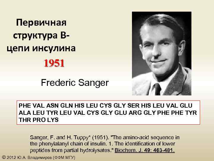 Первичная структура Вцепи инсулина 1951 Frederic Sanger PHE VAL ASN GLN HIS LEU CYS