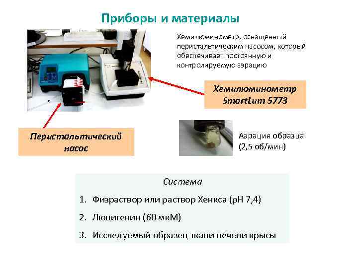 Приборы и материалы Хемилюминометр, оснащенный перистальтическим насосом, который обеспечивает постоянную и контролируемую аэрацию Хемилюминометр