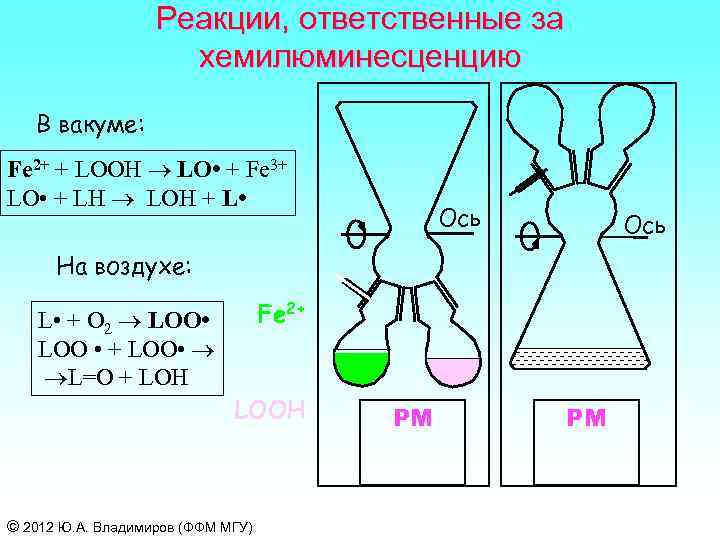 Реакции, ответственные за хемилюминесценцию В вакуме: Fe 2+ + LOOH LO • + Fe