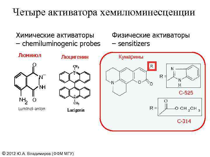 Четыре активатора хемилюминесценции Химические активаторы – chemiluminogenic probes Люминол Люцигенин Физические активаторы – sensitizers
