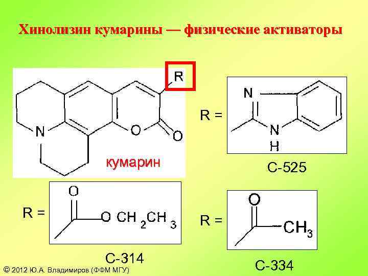 Хинолизин кумарины — физические активаторы R= кумарин R= C-525 R= C-314 © 2012 Ю.
