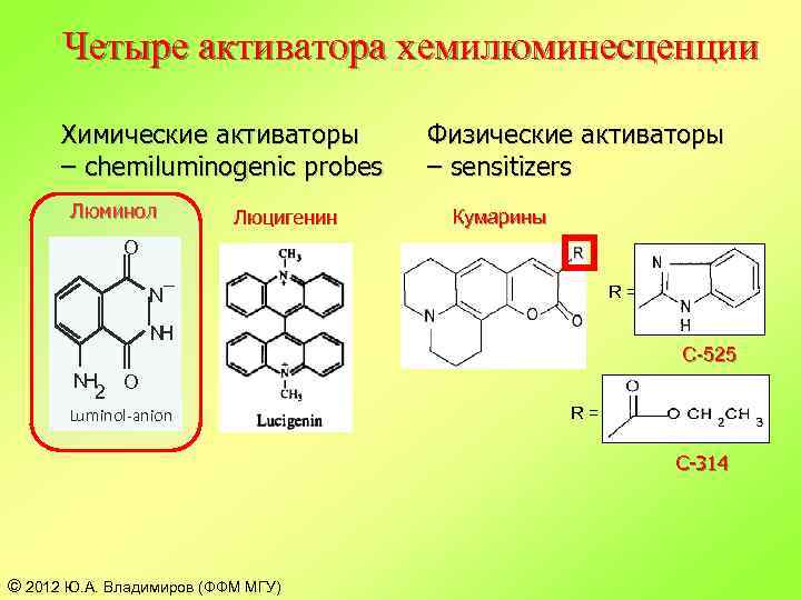 Четыре активатора хемилюминесценции Химические активаторы – chemiluminogenic probes Люминол Люцигенин Физические активаторы – sensitizers