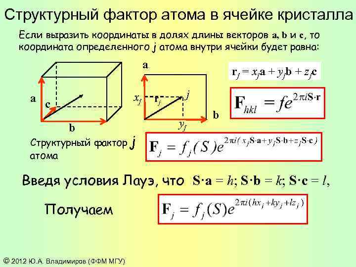 Структурный фактор атома в ячейке кристалла Если выразить координаты в долях длины векторов a,