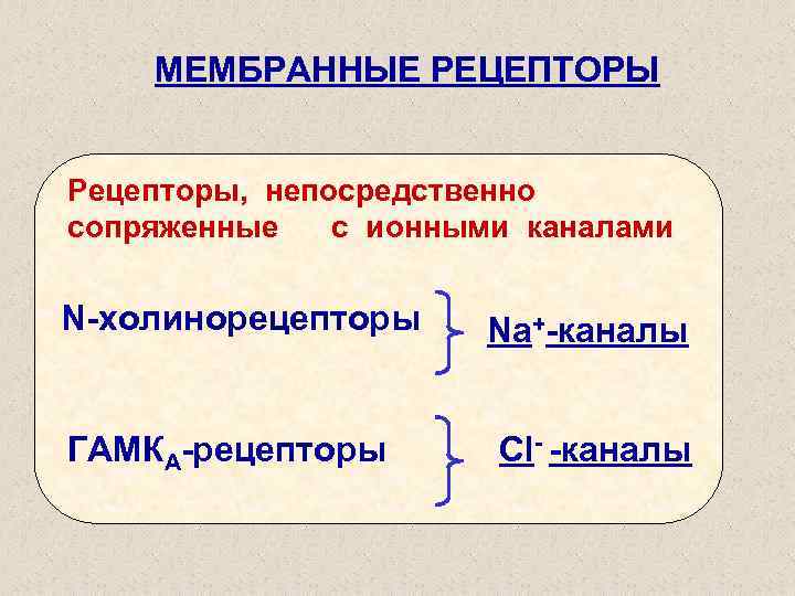 МЕМБРАННЫЕ РЕЦЕПТОРЫ Рецепторы, непосредственно сопряженные с ионными каналами N-холинорецепторы ГАМКА-рецепторы Na+-каналы Cl- -каналы 