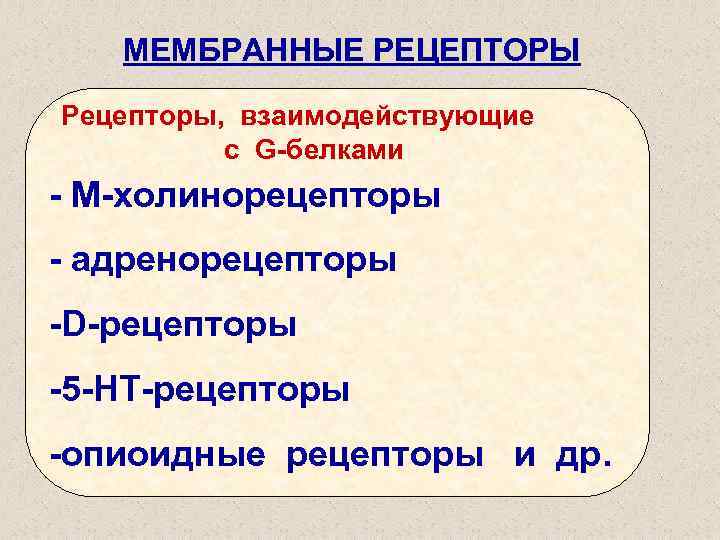 МЕМБРАННЫЕ РЕЦЕПТОРЫ Рецепторы, взаимодействующие с G-белками - М-холинорецепторы - адренорецепторы -D-рецепторы -5 -HT-рецепторы -опиоидные