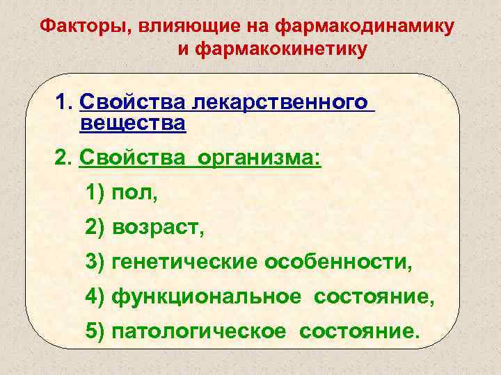 Факторы, влияющие на фармакодинамику и фармакокинетику 1. Свойства лекарственного вещества 2. Свойства организма: 1)