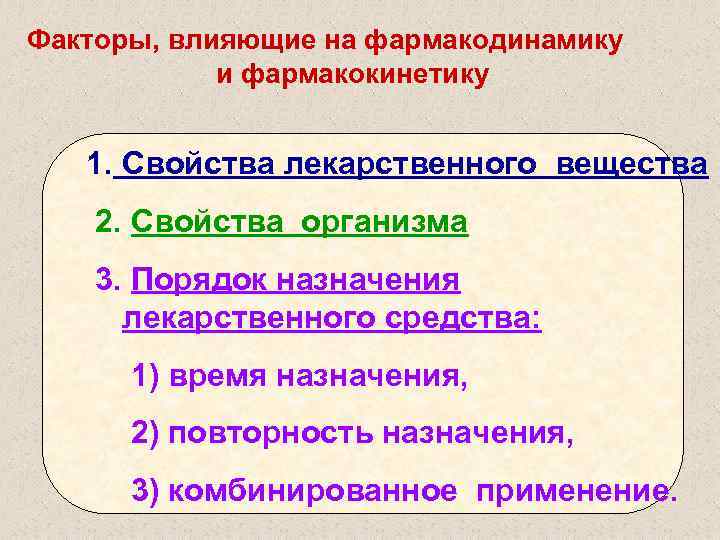 Факторы, влияющие на фармакодинамику и фармакокинетику 1. Свойства лекарственного вещества 2. Свойства организма 3.