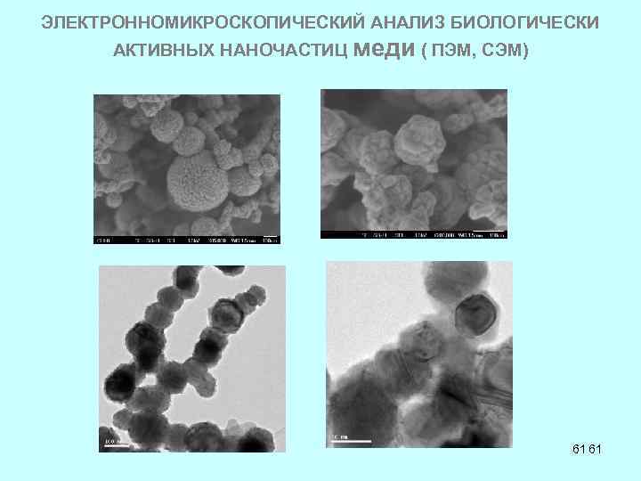 ЭЛЕКТРОННОМИКРОСКОПИЧЕСКИЙ АНАЛИЗ БИОЛОГИЧЕСКИ АКТИВНЫХ НАНОЧАСТИЦ меди ( ПЭМ, СЭМ) 61 61 