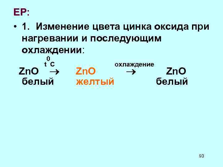 ЕР: • 1. Изменение цвета цинка оксида при нагревании и последующим охлаждении: 0 t