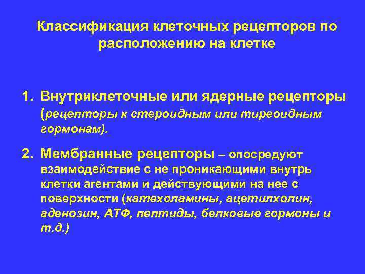 Классификация клеточных рецепторов по расположению на клетке 1. Внутриклеточные или ядерные рецепторы (рецепторы к