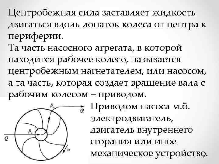 Центробежная сила заставляет жидкость двигаться вдоль лопаток колеса от центра к периферии. Та часть