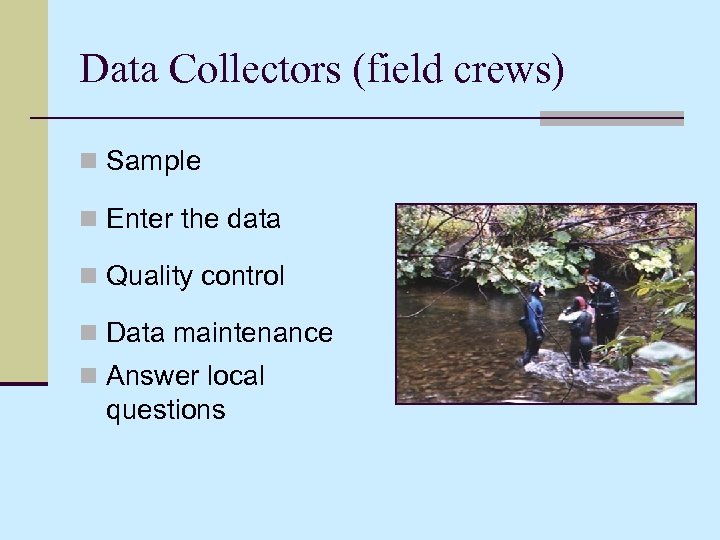 Data Collectors (field crews) n Sample n Enter the data n Quality control n