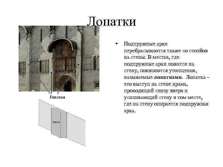 Лопатки • Подпружные арки перебрасываются также со столбов на стены. В местах, где подпружные