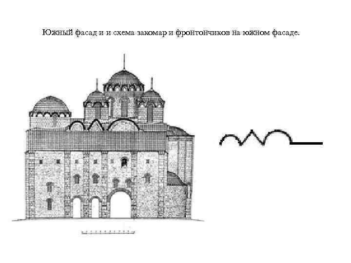 Южный фасад и и схема закомар и фронтончиков на южном фасаде. 