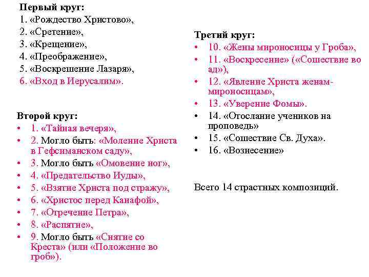 Первый круг: 1. «Рождество Христово» , 2. «Сретение» , 3. «Крещение» , 4. «Преображение»