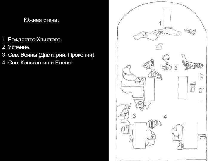 Южная стена. 1. Рождество Христово. 2. Успение. 3. Свв. Воины (Димитрий, Прокопий). 4. Свв.