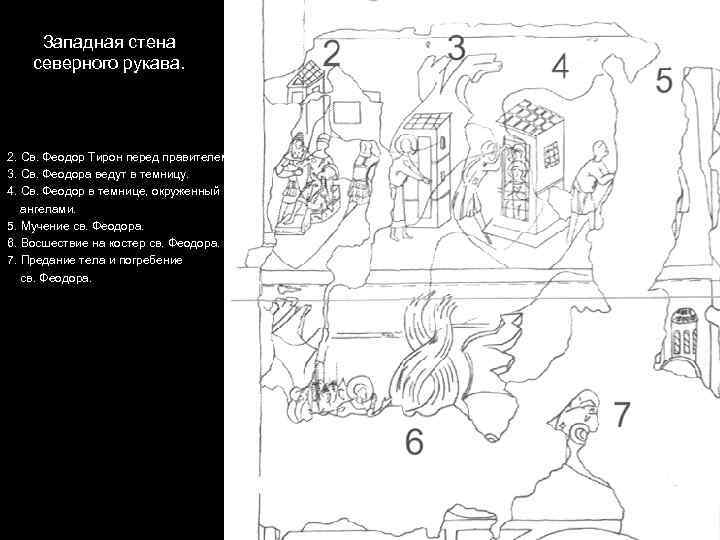 Западная стена северного рукава. 2. Св. Феодор Тирон перед правителем. 3. Св. Феодора ведут