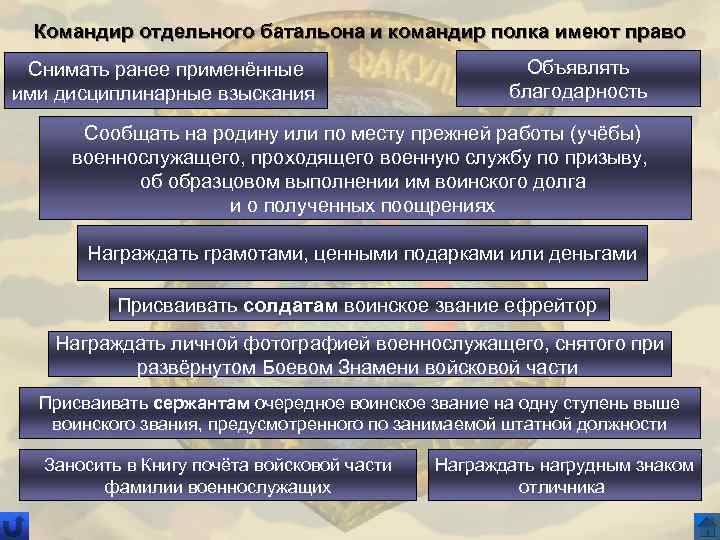 Командир отдельного батальона и командир полка имеют право Снимать ранее применённые ими дисциплинарные взыскания