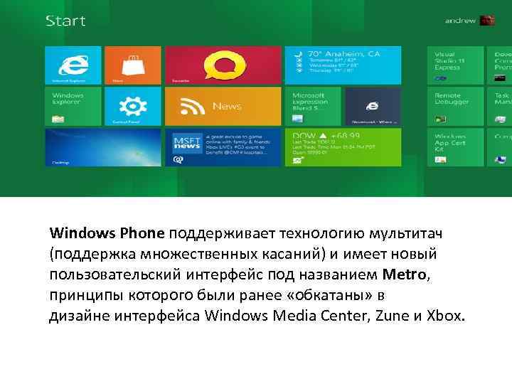 Windows Phone поддерживает технологию мультитач (поддержка множественных касаний) и имеет новый пользовательский интерфейс под