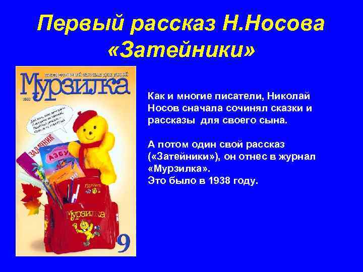 Первый рассказ Н. Носова «Затейники» Как и многие писатели, Николай Носов сначала сочинял сказки