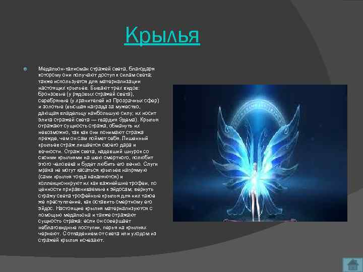 Крылья Медальон-талисман стражей света, благодаря которому они получают доступ к силам света; также используется