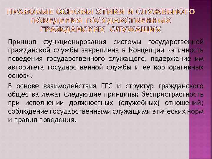 Принцип функционирования системы государственной гражданской службы закреплена в Концепции «этичность поведения государственного служащего, подержание