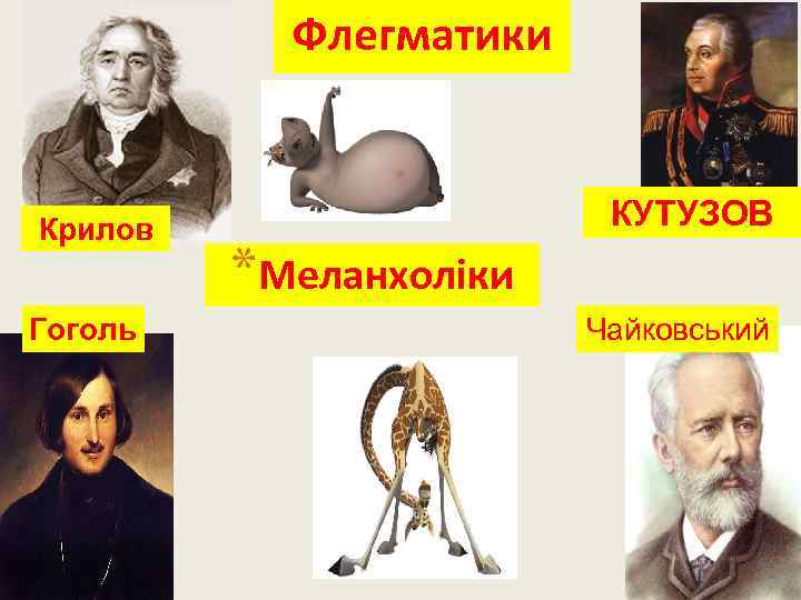 Флегматики Крилов Гоголь КУТУЗОВ *Меланхоліки Чайковський 