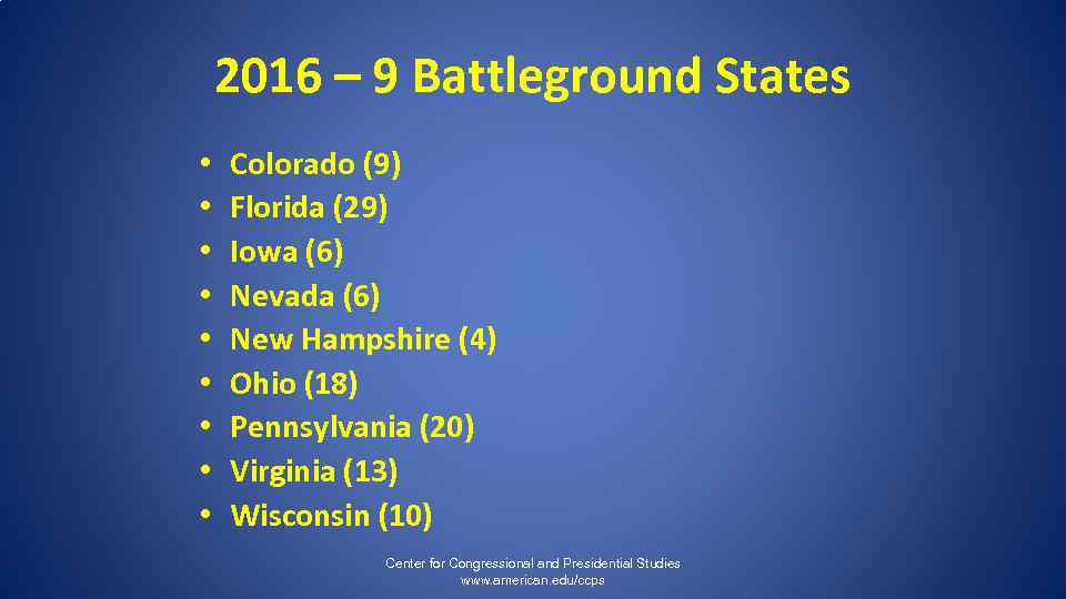 2016 – 9 Battleground States • • • Colorado (9) Florida (29) Iowa (6)