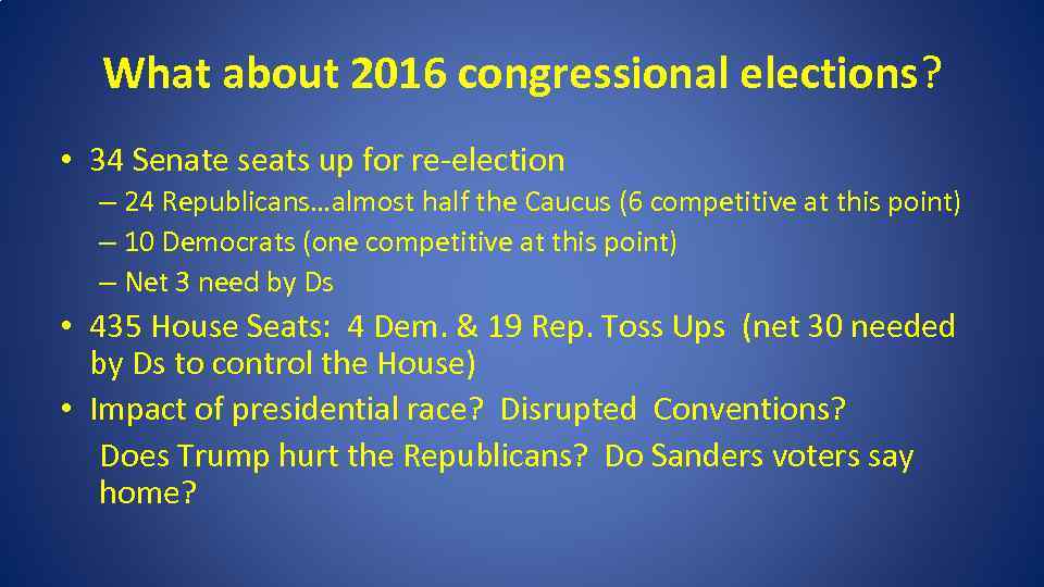 What about 2016 congressional elections? • 34 Senate seats up for re-election – 24