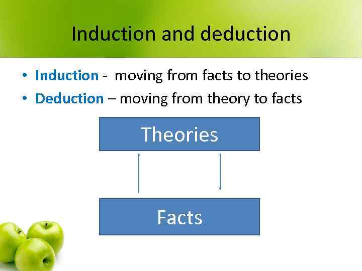 Induction and deduction • Induction - moving from facts to theories • Deduction –