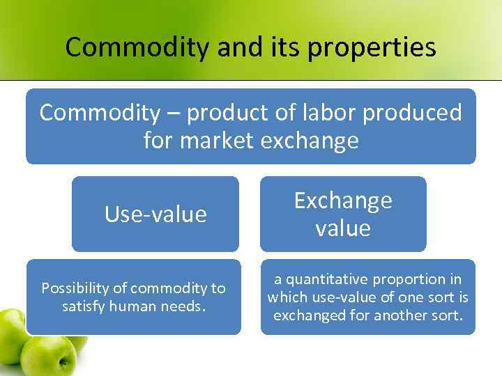 Commodity and its properties Commodity – product of labor produced for market exchange Use-value