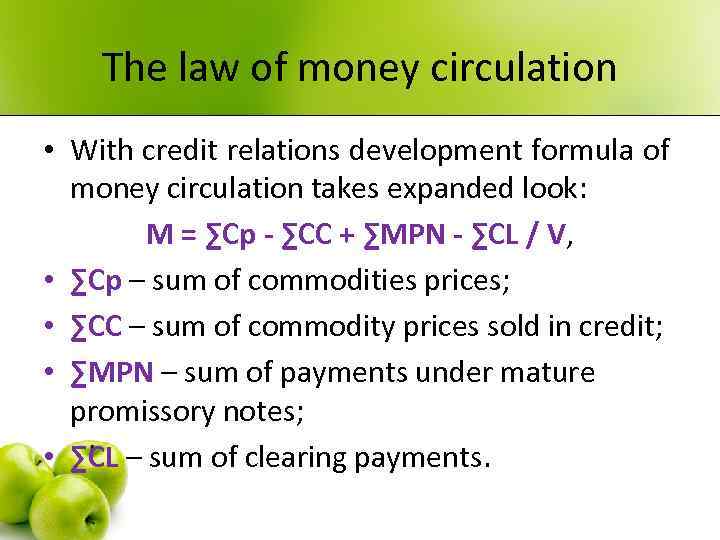 The law of money circulation • With credit relations development formula of money circulation