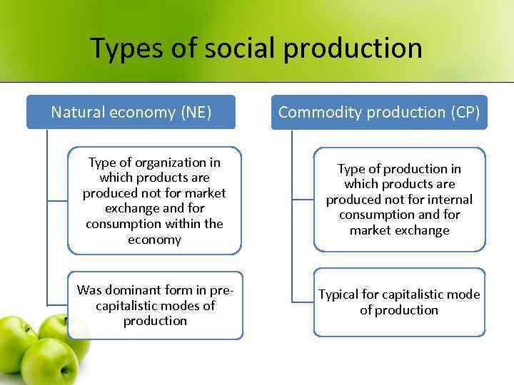 Types of social production Natural economy (NE) Commodity production (CP) Type of organization in